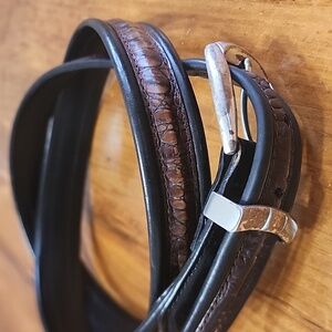 BRIGHTON Men's Black and Brown ALLIGATOR Leather Belt With Silver Buckle.